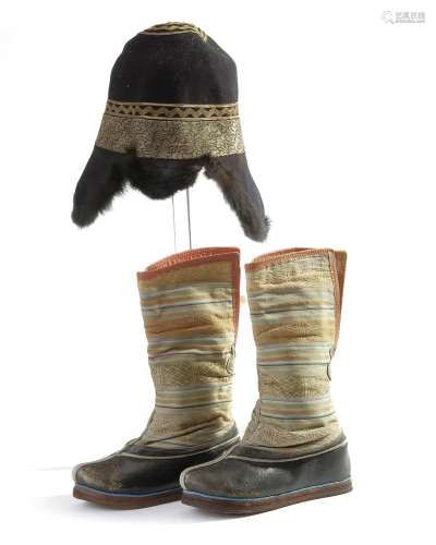 A Mongolian fur-trimmed felt hat and a pair of children's boots