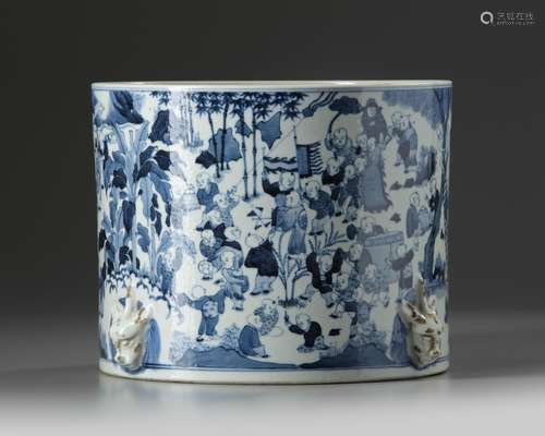 A large Chinese blue and white 'Hundred Boys' brush pot, bitong