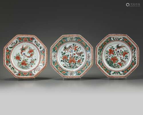 Three Chinese famille verte 'piecrust' octagonal dishes