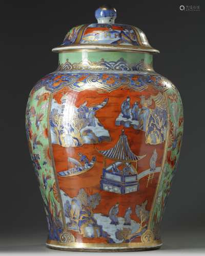 A large European-enamelled Chinese blue and white 'clobbered' vase and cover