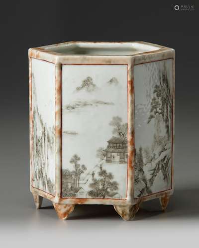 A Chinese hexagonal imitation-marble and en grisaille-decorated hexagonal brush pot, bitong