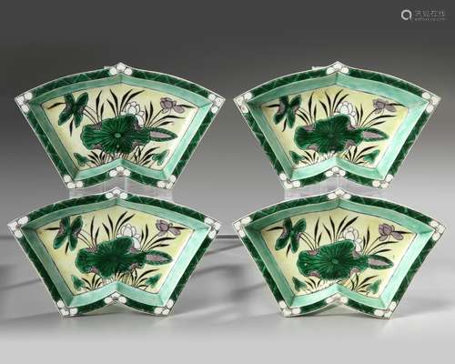 A set of four Chinese famille verte biscuit sweet meat dishes