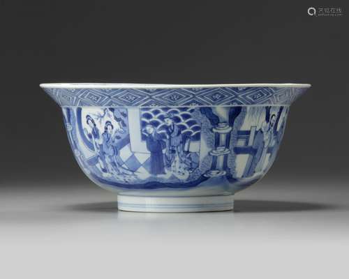 A Chinese blue and white 'Romance of the Western Chamber' 'klapmuts' bowl