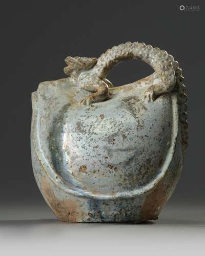 A Chinese green-glazed dragon-handled water flask