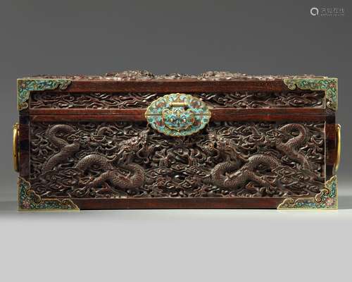 A Chinese zitan box with cloisonné enamel mounts