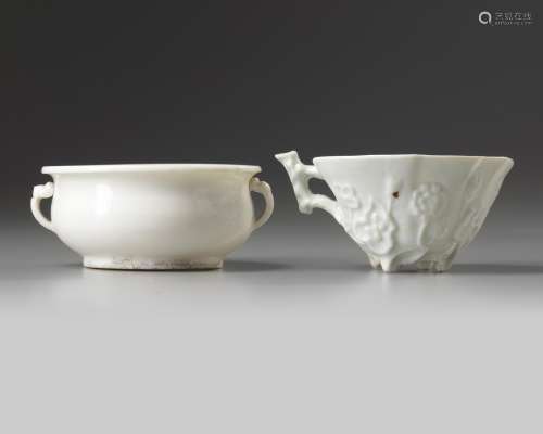 A Chinese Dehua white-glazed censer and leaf-shaped cup