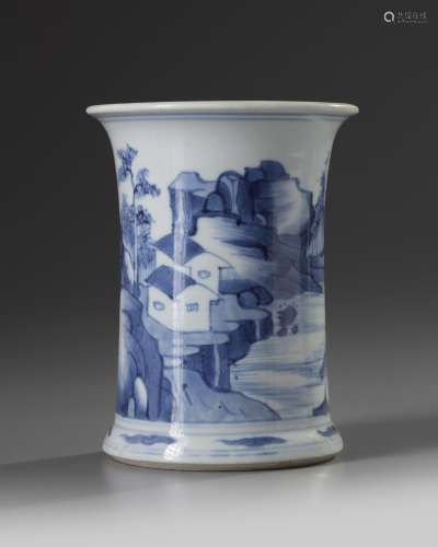 A Chinese blue and white cylindrical brush pot, bitong