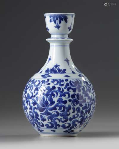 A Chinese blue and white 'scrolling lotus' hookah base