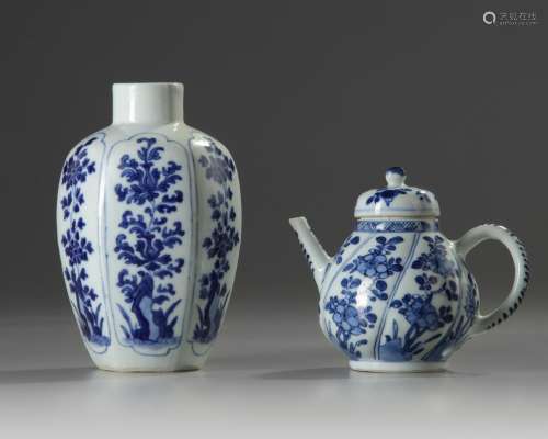 A Chinese blue and white moulded teapot and a hexagonal jar