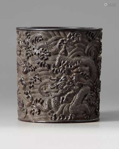 A Chinese zitan dragon and waves brush pot, bitong