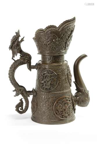 A Monglian copper 'dragon medallion' ritual ewer