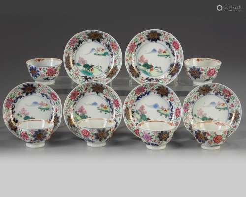 Six sets of Chinese famille rose cups and saucers