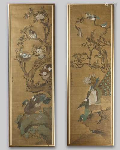 A pair of Chinese silk painting with various birds