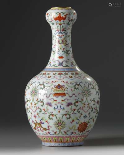 A Chinese famille rose Eight Buddhist Emblems garlic neck vase