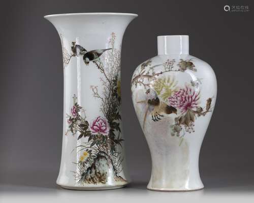 Two Chinese famille rose 'birds and chrysanthemum' vases