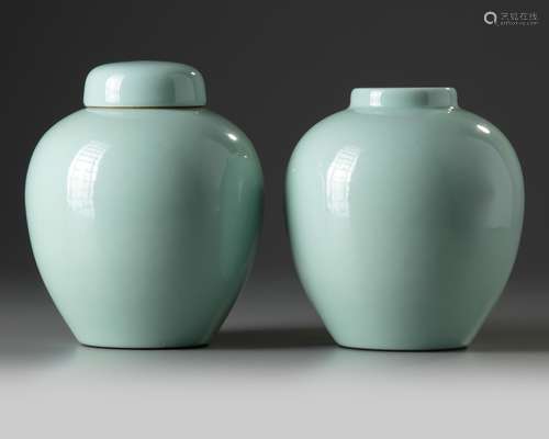 A pair of Chinese pale celadon-glazed jar and a cover