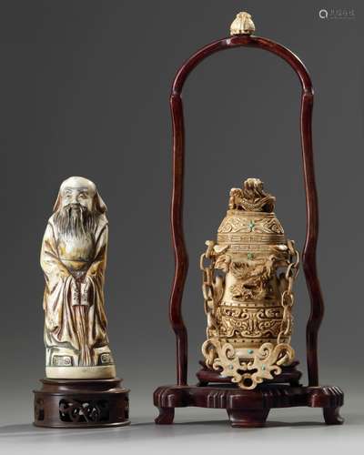 An ivory figure of Shoulao and archaistic vase and cover