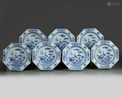 A set of ten Chinese blue and white octagonal dishes