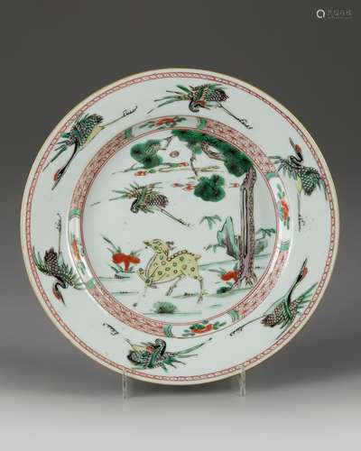 A Chinese famille verte 'deer and crane' dish