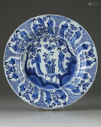 A large Chinese blue and white 'ladies' charger