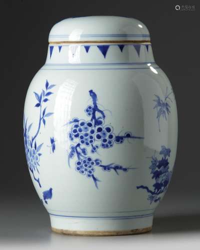 A Chinese blue and white ovoid floral jar and cover