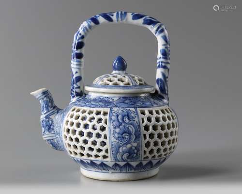 A Chinese blue and white double wall reticulated teapot