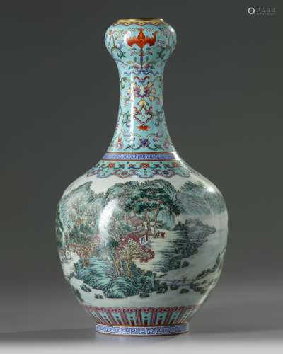 A Chinese turquoise-ground famille rose garlic head vase