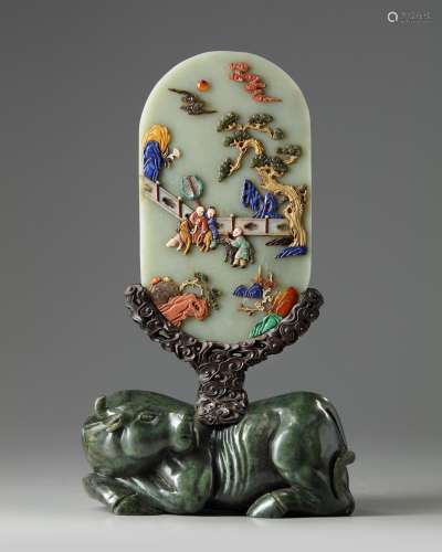 A Chinese hardstone-inlaid celadon jade table screen on a wood and spinach jade stand
