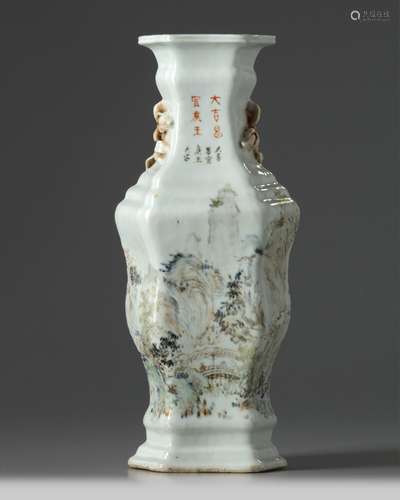 A Chinese Qianjiang-style hexagonal landscape vase