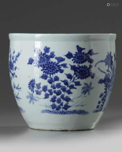 A Chinese blue and white 'Flowers of the Four Seasons' jardinière