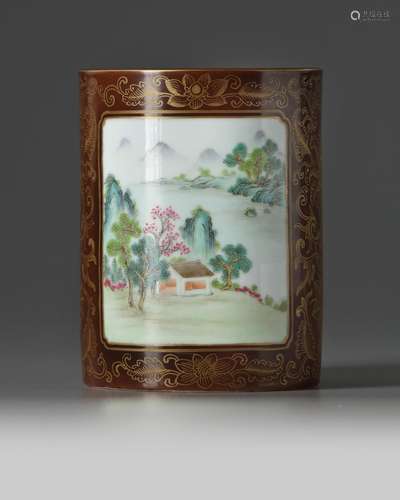 A Chinese brown-ground famille rose brush pot, bitong