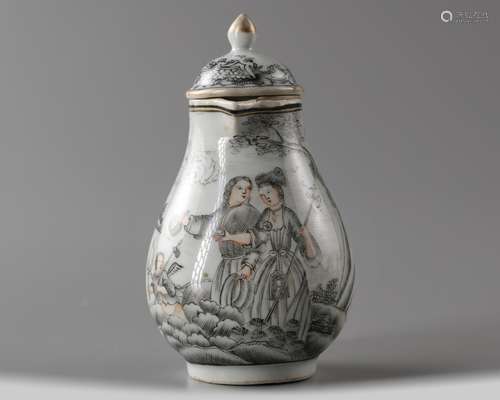 A Chinese en grisaille 'European couple' milk jug and cover