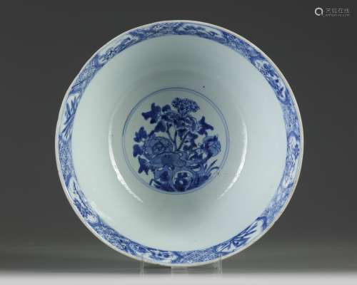 A Chinese blue and white floral punch bowl