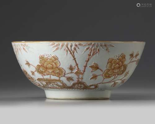 A Chinese iron-red and gilt-decorated moulded bowl