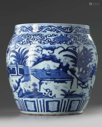 A large Chinese blue and white 'boys' jar
