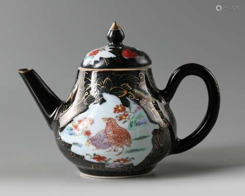 A Chinese mirror black-ground famille rose 'quails' teapot and cover