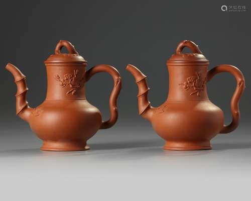 A pair of Chinese Yixing 'Three Friends of Winter' teapots