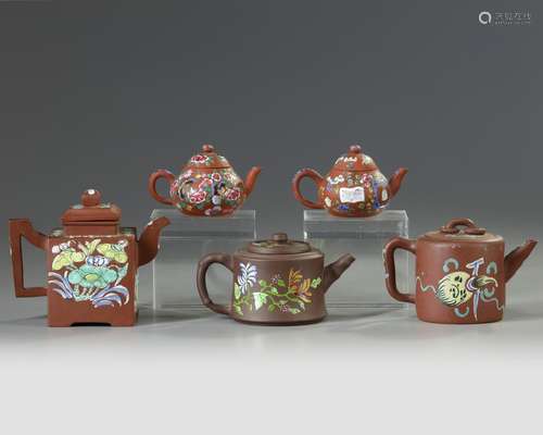 A group of five Chinese enamelled Yixing teapots