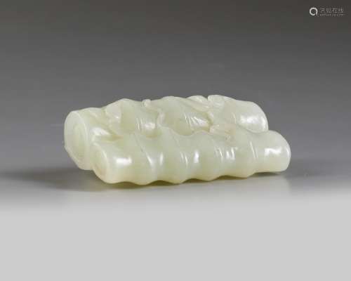 A Chinese pale celadon jade monkey and bamboo carving