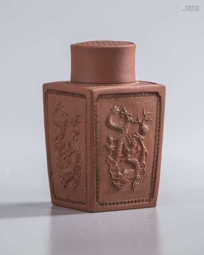 A Chinese yixing 'dragon' square-section tea caddy and cover