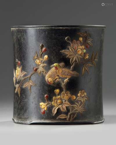 A Chinese mother-of-pearl and hardstone inlaid hardwood 'birds' brush pot, bitong