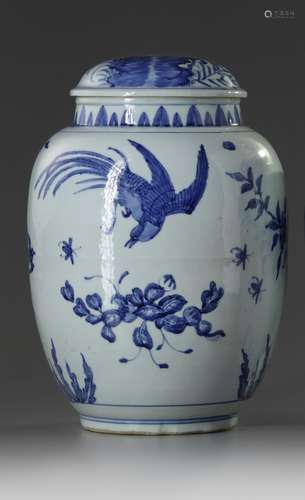 A Chinese blue and white 'floral' ovoid jar and cover