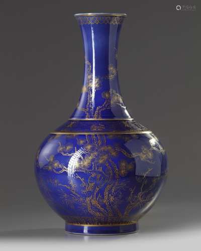 A Chinese blue-ground gilt decorated 'Three Friends of Winter' bottle vase