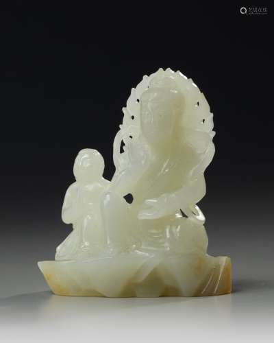 A Chinese white jade Guanyin and acolyte carving