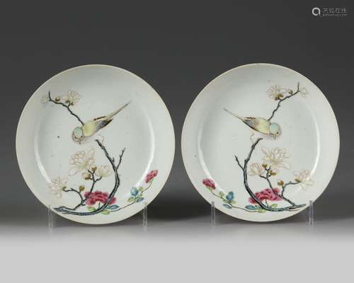 A pair of Chinese famille rose ruby-back 'bird and flower' dishes