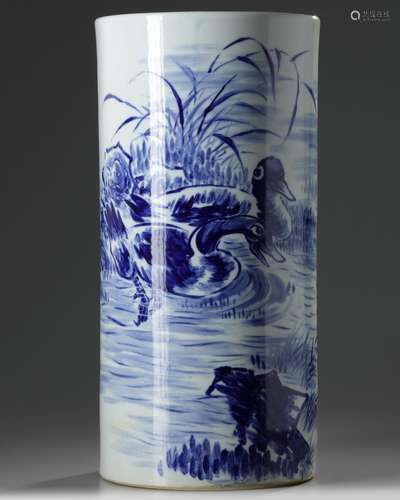 A large Chinese blue and white 'ducks' cylindrical vase