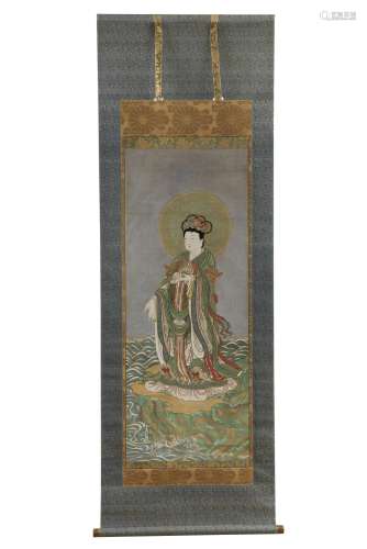 Rare hanging scroll (kakejiku) with an anonymous polychrome elegant painting