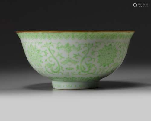 A Chinese lime-green enamelled 'scrolling lotus' bowl