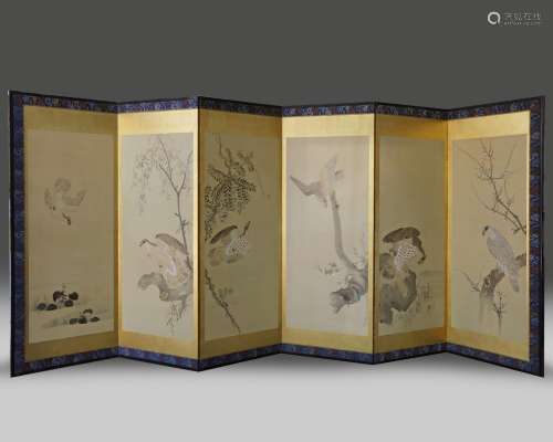 A Japanese six-panel Byobu-screen depicting birds