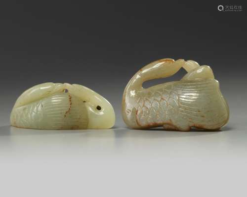 Two Chinese celadon jade geese carvings